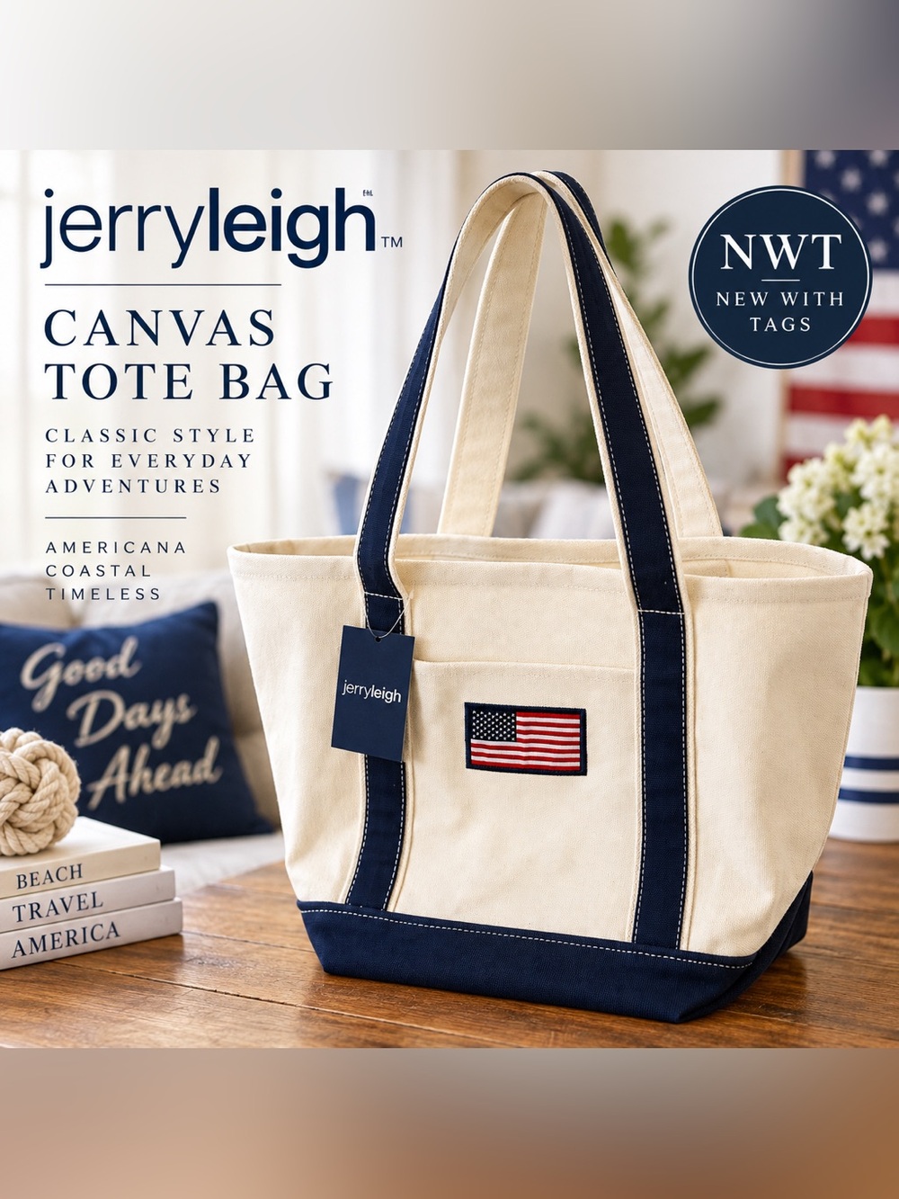 NWT Jerry Leigh Americana Canvas Tote Bag Navy Ivory American Flag